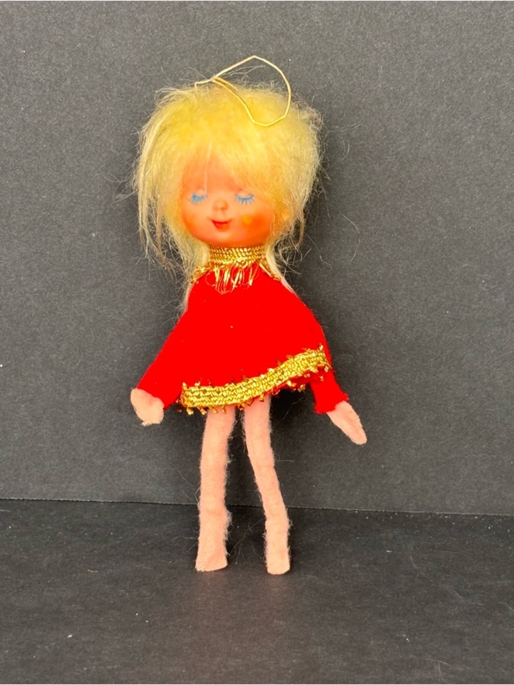 MCM Vtg Small Christmas Felt Dreaming Girl Tree Ornament 5” Made In Japan